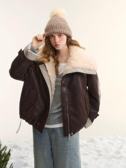 Faux-Fur Collar Down Leather Jacket
