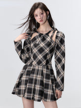 Black Plaid A-line Halter Mini Dress - CHINASQUAD