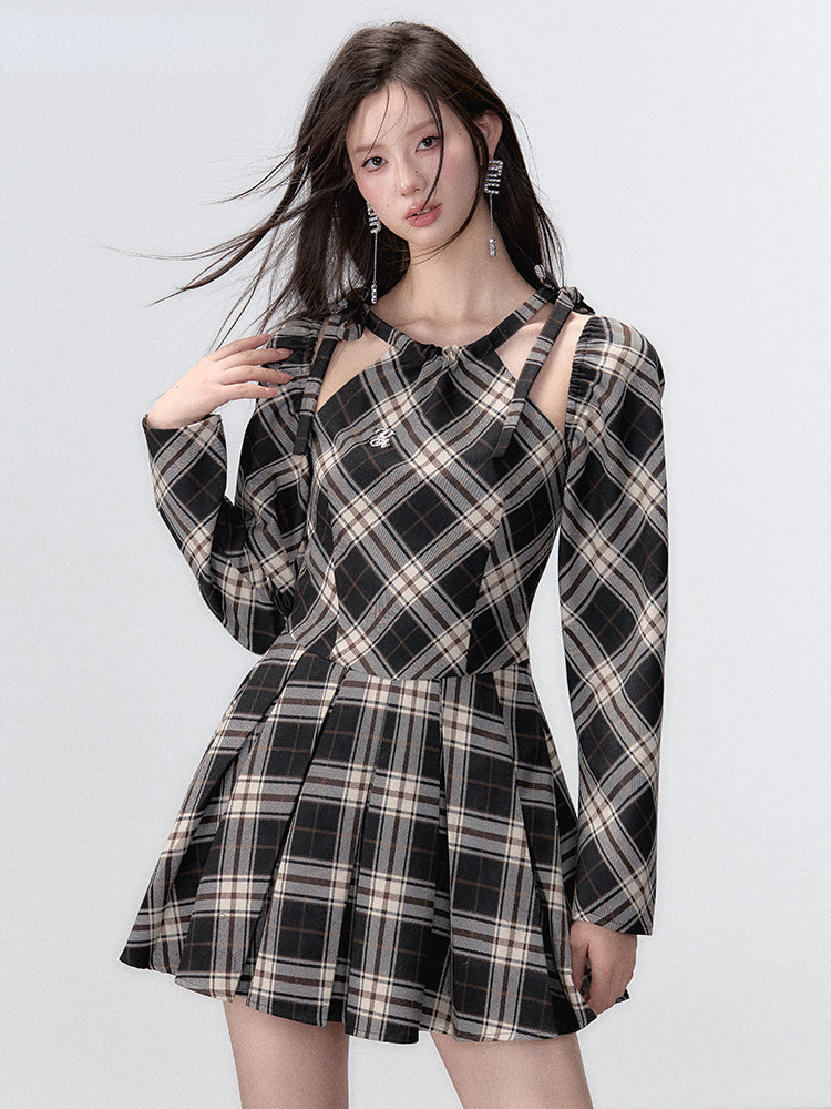 (Final Sale) Black Plaid A-line Halter Mini Dress - CHINASQUAD