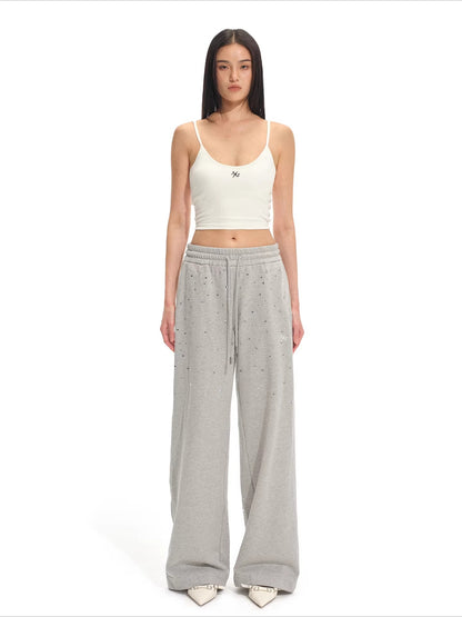 Gradient Rhinestone Cotton Knit Wide-Leg Pants