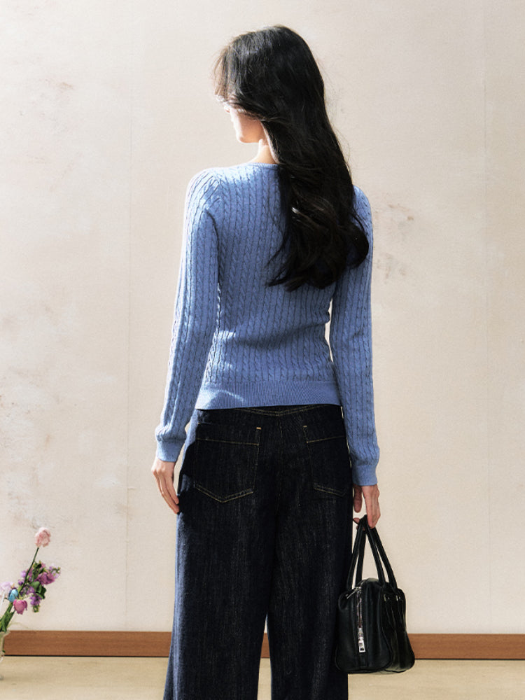 Blue V-Neck Sweater Waist-Cinching Slimming Base Top