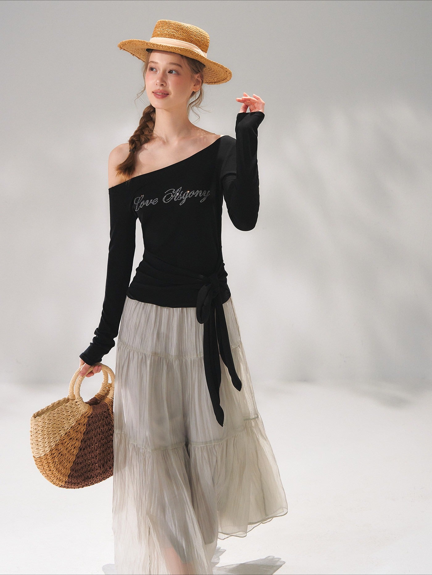 Asymmetric Crystal Logo Tie-Shoulder Fitted Tee