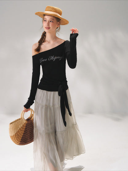 Asymmetric Crystal Logo Tie-Shoulder Fitted Tee