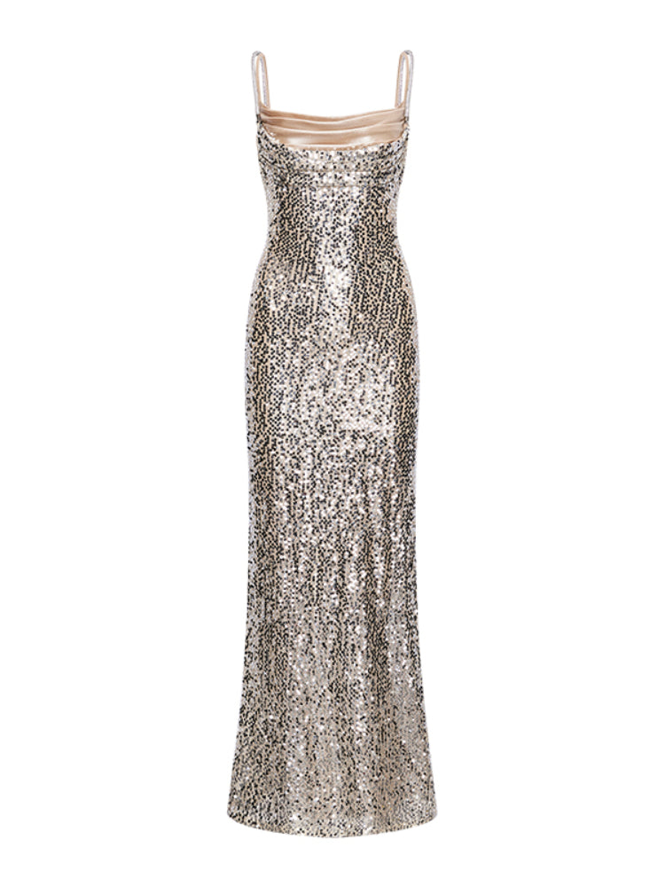 Sequin Draped Neck Slim-Fit Gown