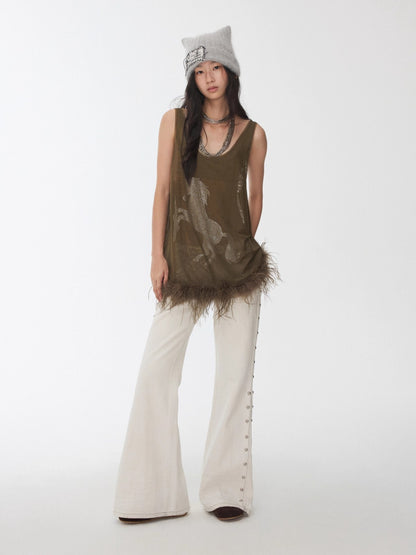 Trim Sheer Mesh Rhinestone Tank Top