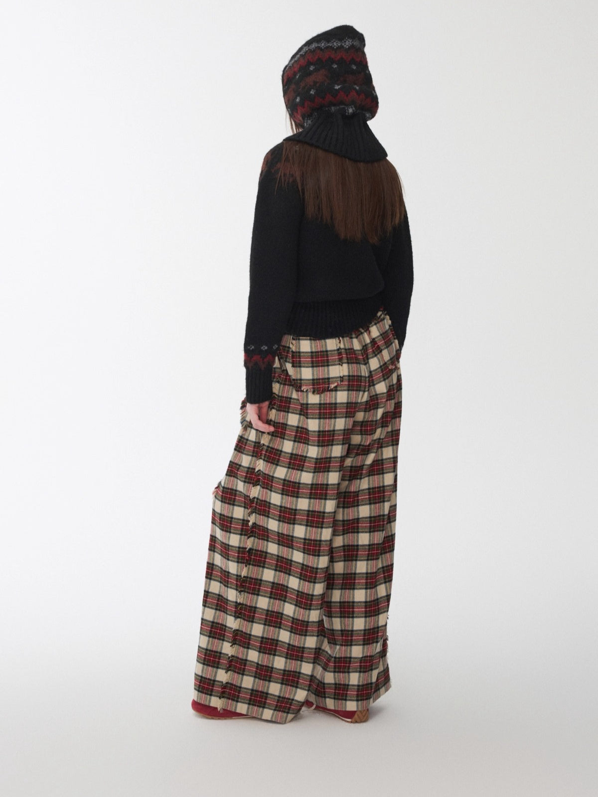 Vintage Red Plaid Brushed Cotton Wide-Leg Pants