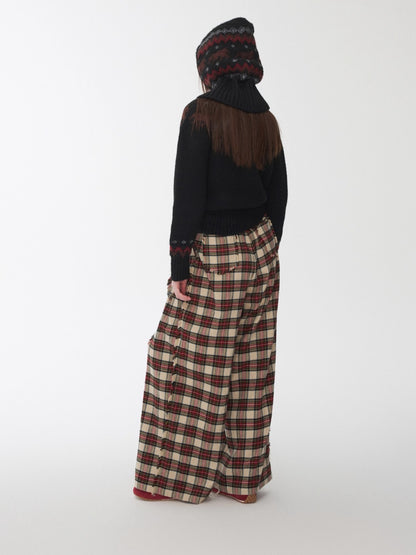 Vintage Red Plaid Brushed Cotton Wide-Leg Pants