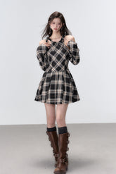 Black Plaid A-line Halter Mini Dress - CHINASQUAD