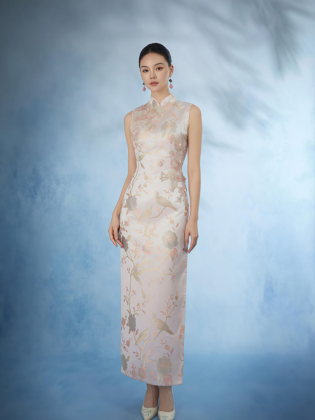 Blush Gold Jacquard Mandarin Collar Cheongsam Dress