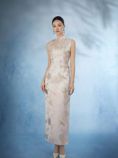 Blush Gold Jacquard Mandarin Collar Cheongsam Dress