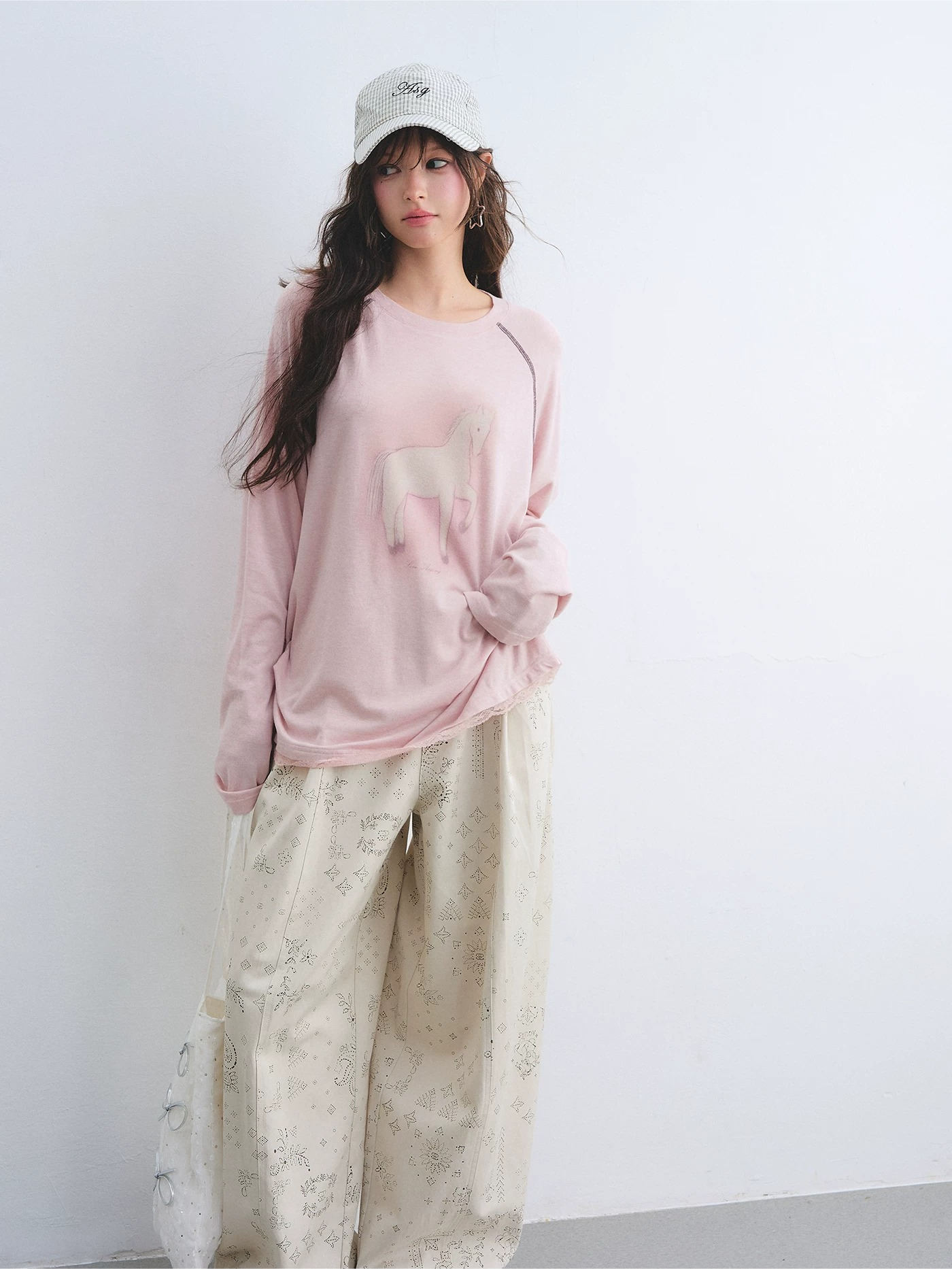 Lyocell Wool-Blend Raglan Sleeve Lace Hem Printed T-Shirt