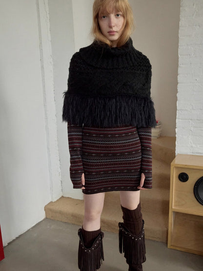 Cable Knit Fringed High-Neck Wool Blend Poncho