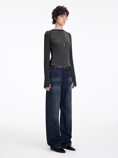 Washed Panel-Detail Curved Denim Pants