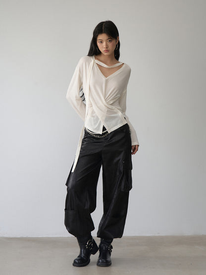 V-Neck Drawstring Waist Buttoned Blouse - CHINASQUAD