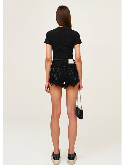 Waist-Cinching Embroidered Round-Neck T-Shirt - CHINASQUAD