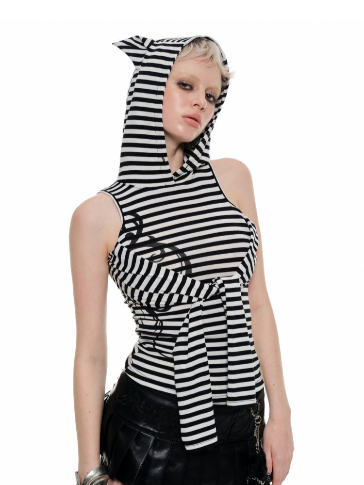 Striped Cat Ear Hooded Top