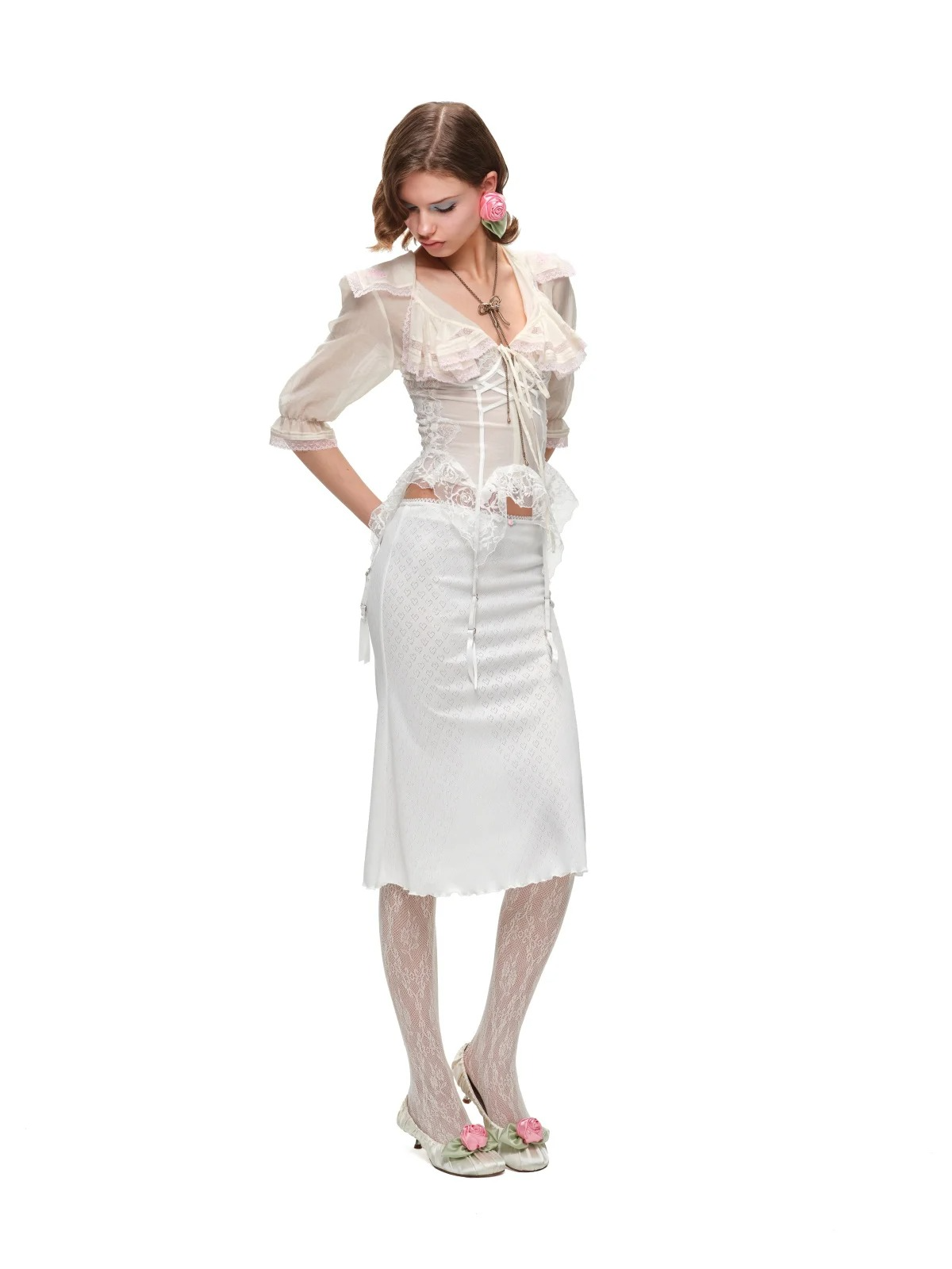 Contrast Ruffle Sailor Collar Chiffon Cropped Cardigan 1Jinn Studio