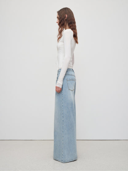 Light Blue Structured Wide-Leg Denim Pants
