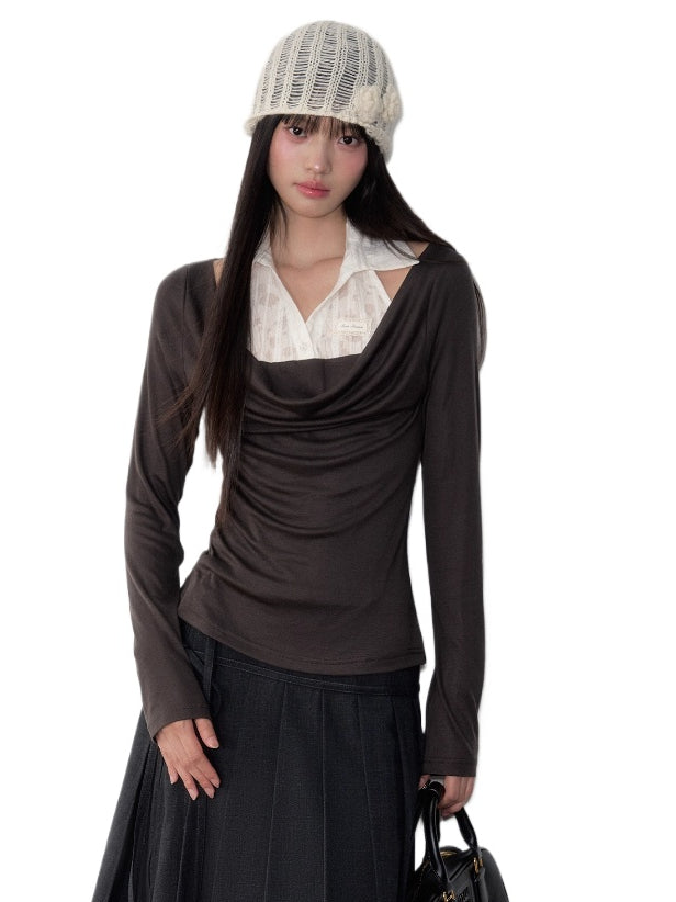 Fake Two-Piece Draped Neck Knit Top - CHINASQUAD