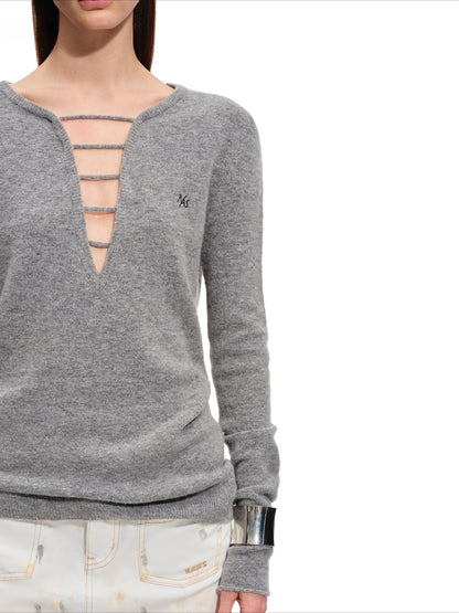 Wool Deep-V Textured Knit Sweater