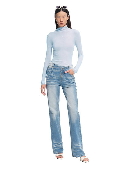 +5CM N2  Loose V-Waist Raw Denim Straight Jeans - CHINASQUAD