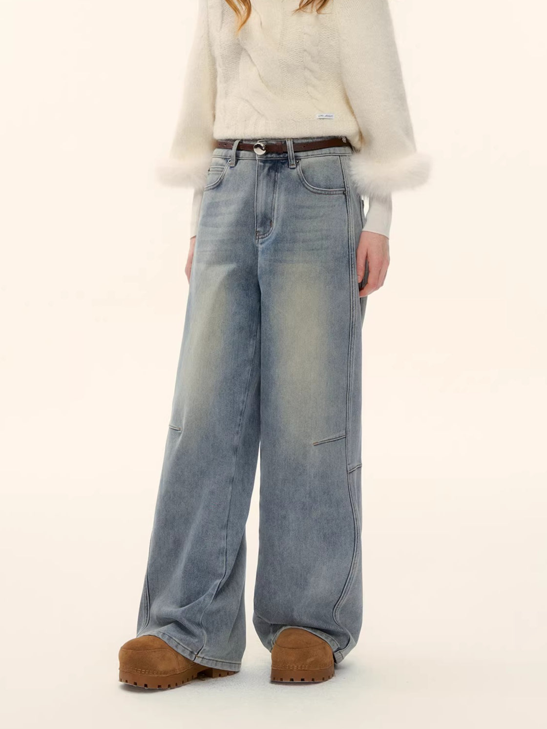 Vintage Washed Curved-Leg Denim Pants