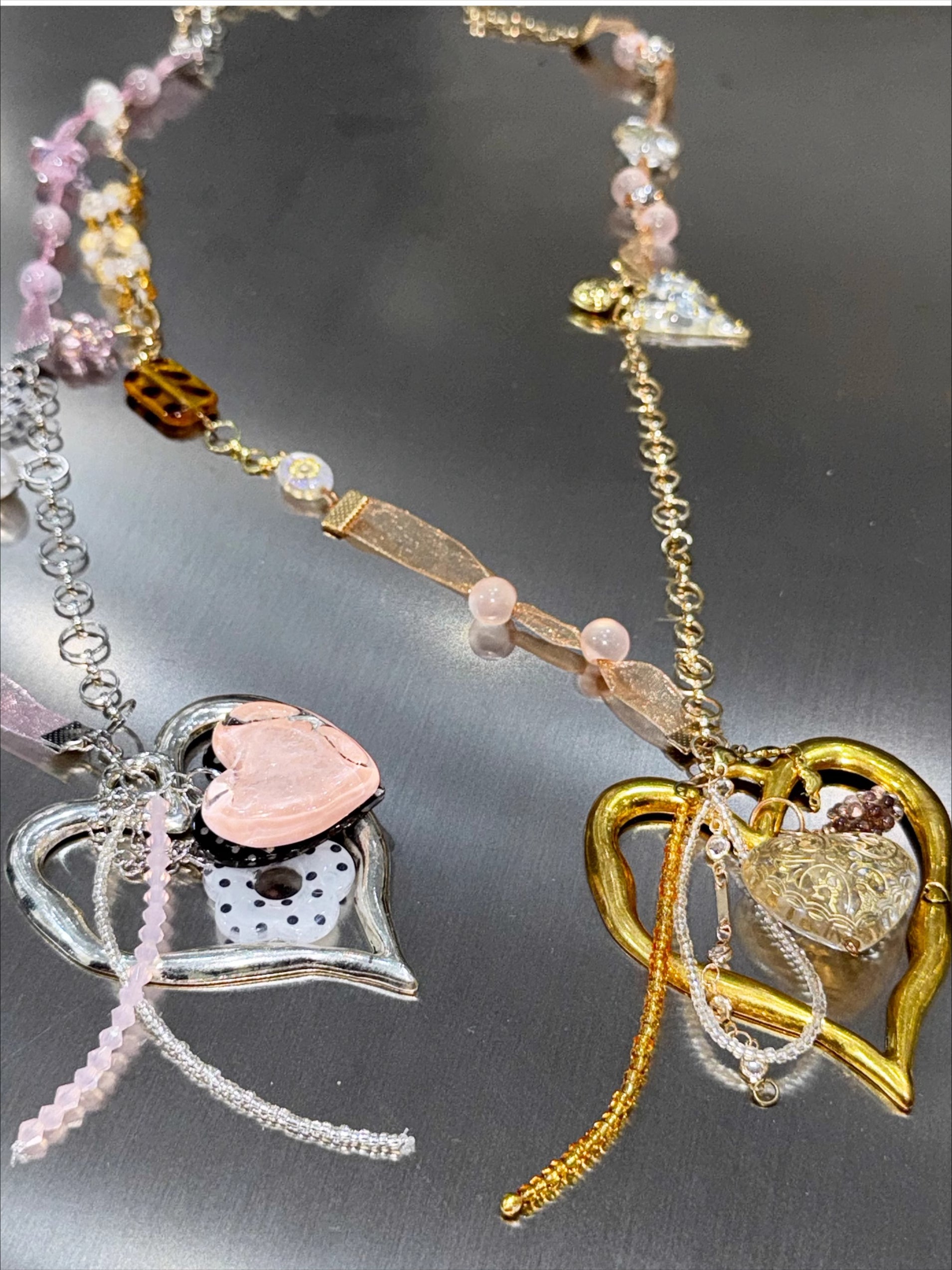 Handmade Ribbon &amp; Bead Heart Charm Necklace