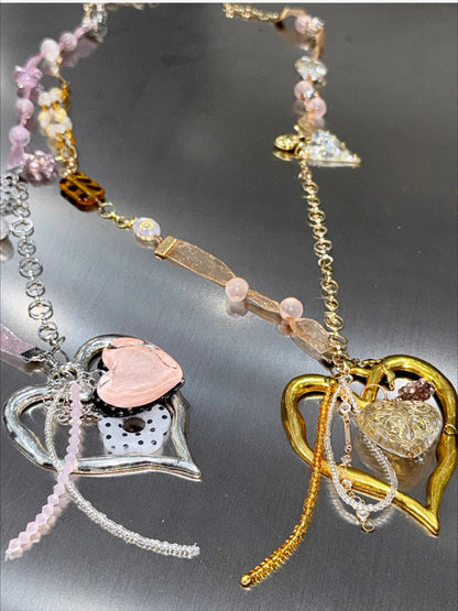 Handmade Ribbon &amp; Bead Heart Charm Necklace