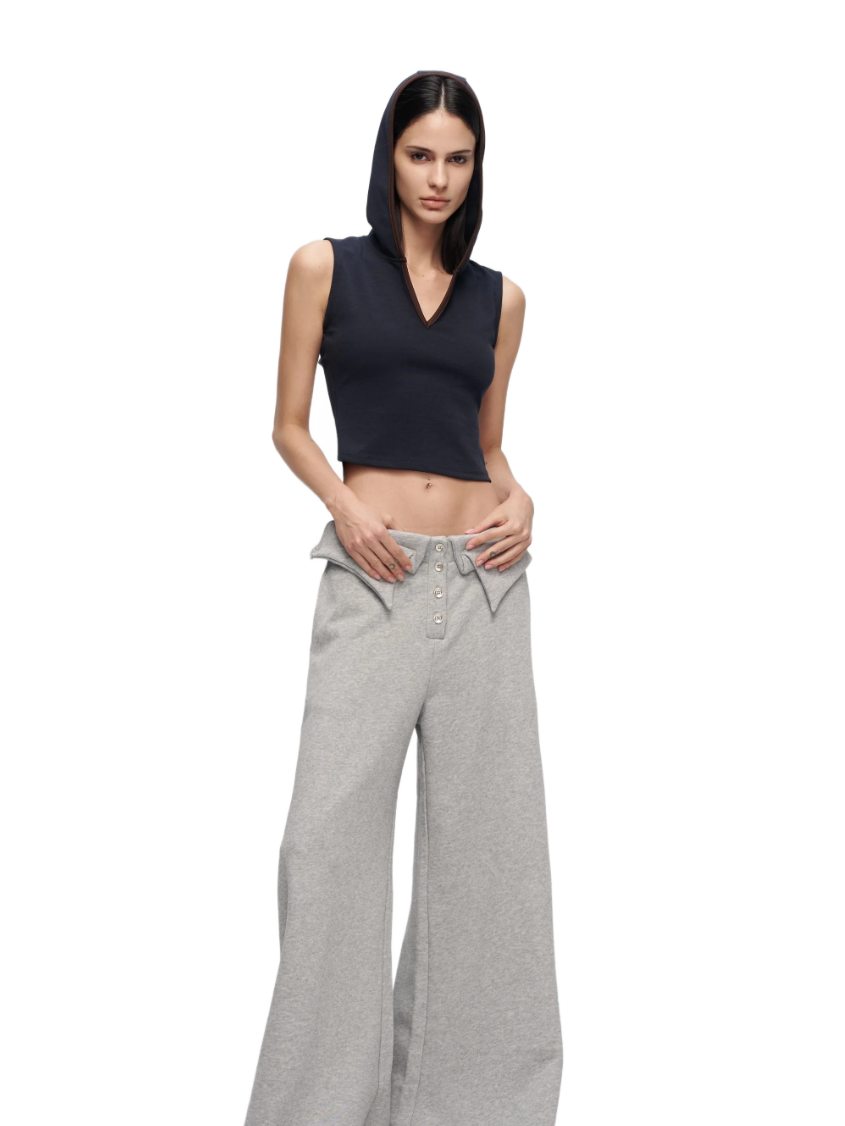 V-Cutout Hooded Sleeveless Trim Top In Dark Blue