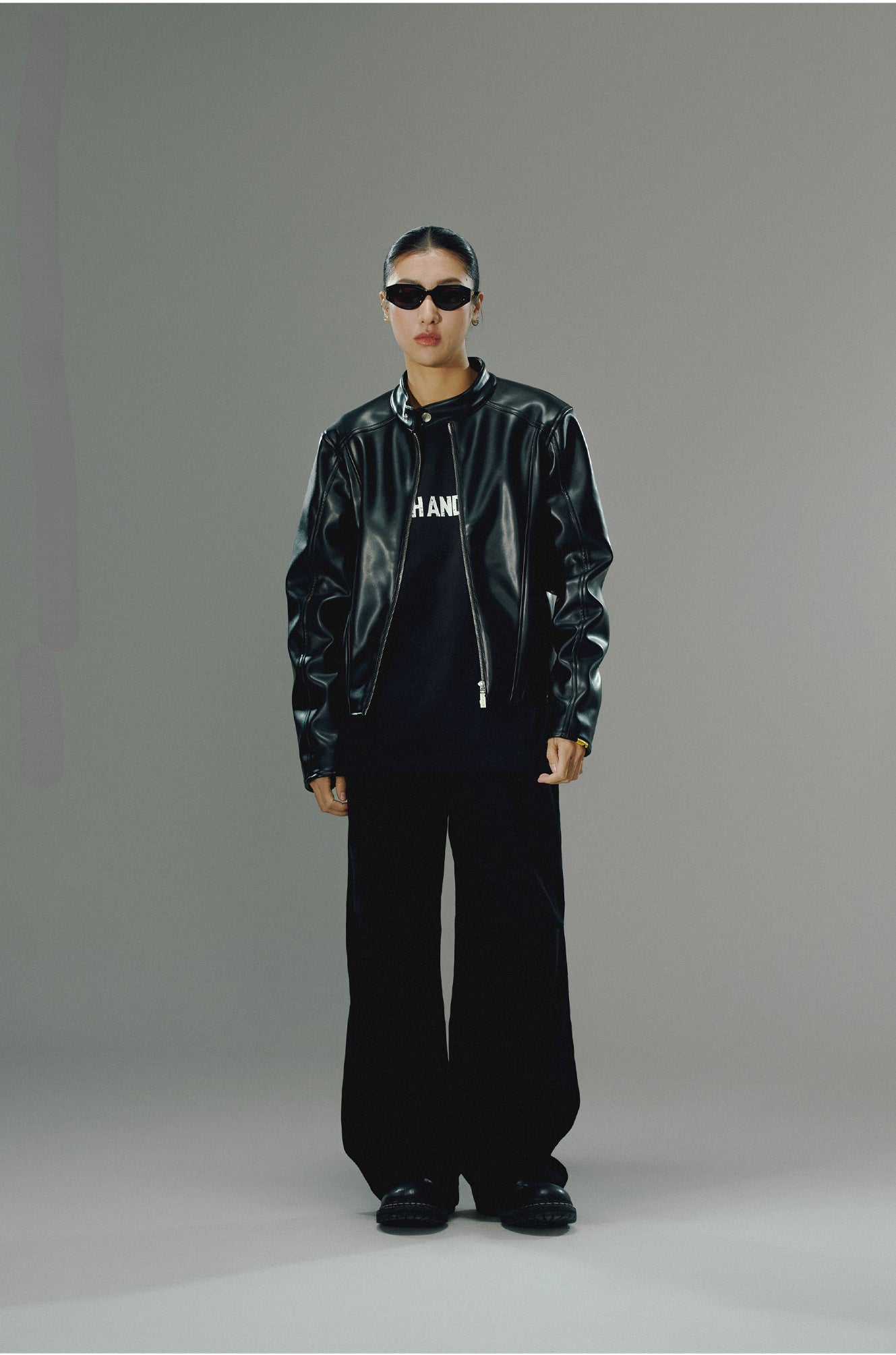 Black Paneled Leather Jacket - CHINASQUAD