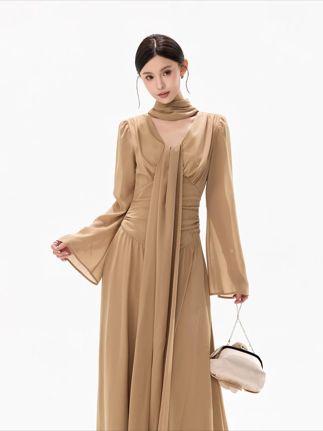French Ribbon-Tie V-Neck Chiffon Maxi Dress