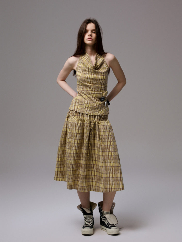 Plaid Halter Neck Backless Tank Top &amp; Midi Skirt Set - CHINASQUAD