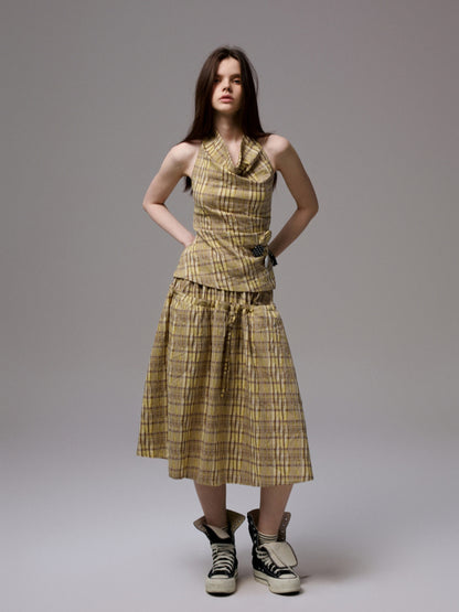 Plaid Halter Neck Backless Tank Top &amp; Midi Skirt Set - CHINASQUAD