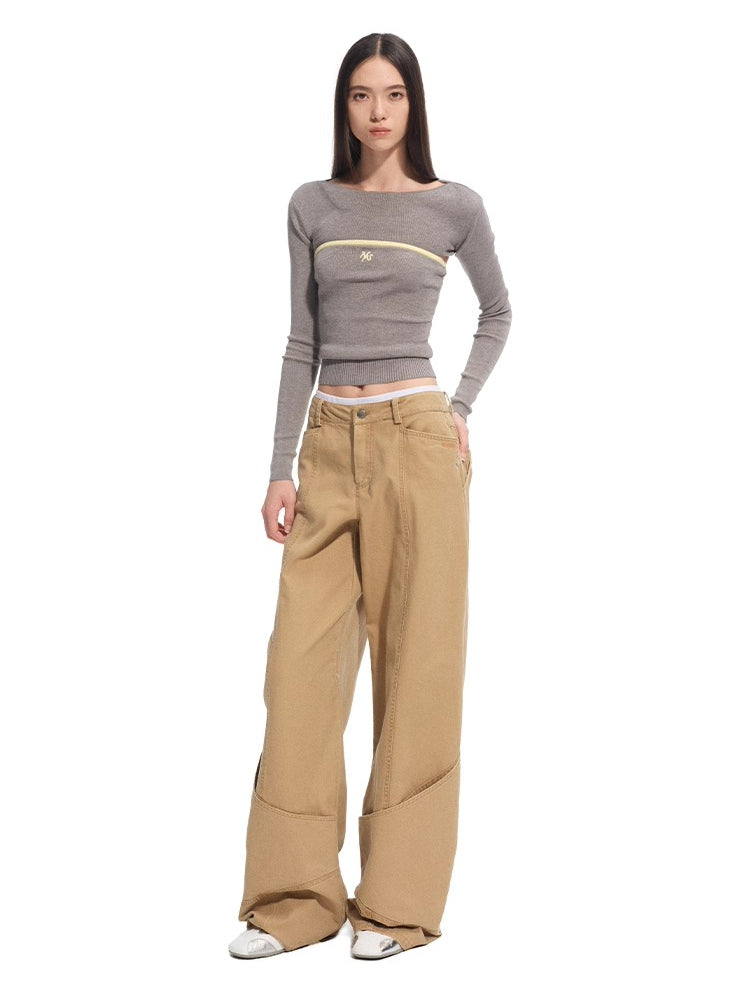 Washed Distressed Large Pockets Wide-Leg Pants