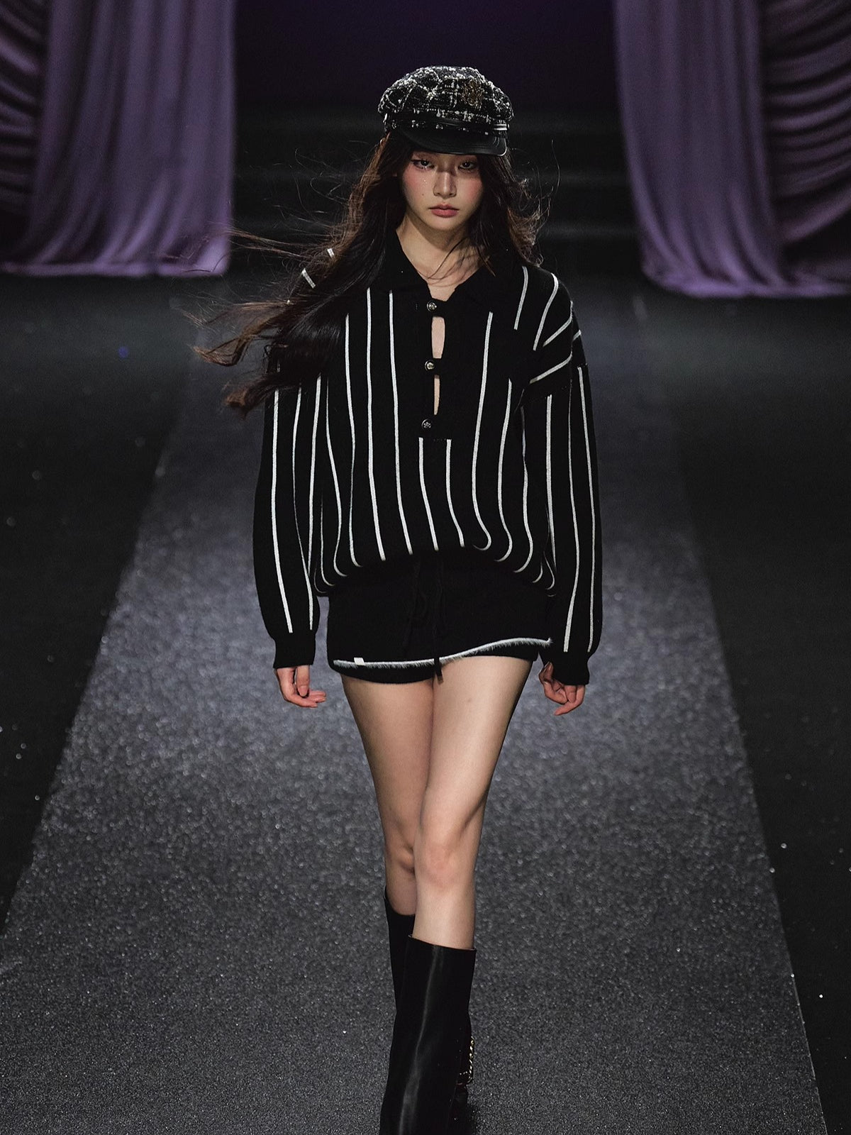Striped Knit Polo T-Shirt &amp; Contrast Trim Skort Set