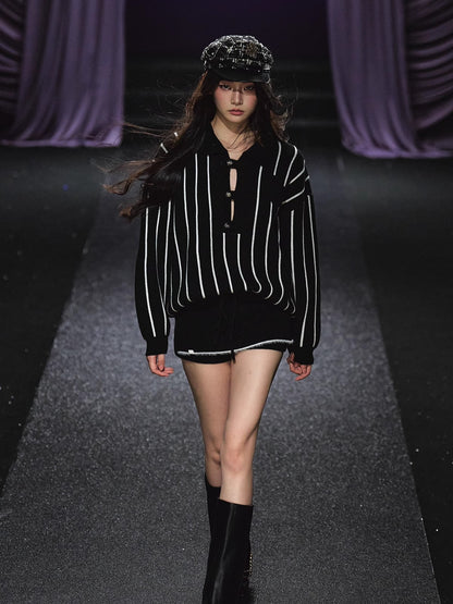 Striped Knit Polo T-Shirt &amp; Contrast Trim Skort Set