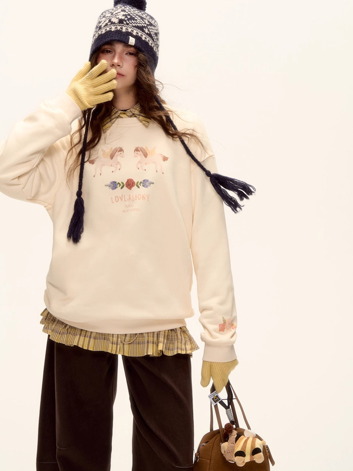 Floral Pony Print Fleece-Lined Pullover Sweatshirt