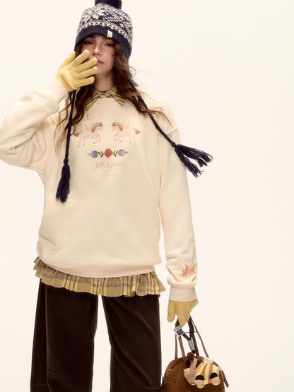 Floral Pony Print Fleece-Lined Pullover Sweatshirt