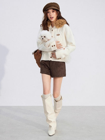 Detachable-Fur Cable-Knit Hoodie