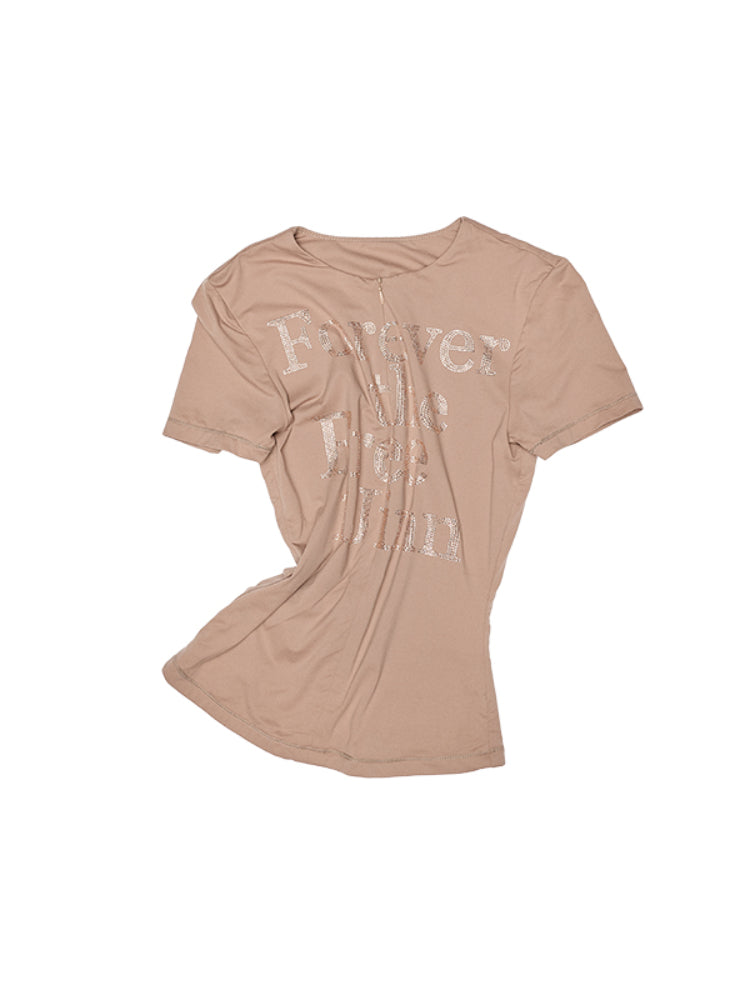 Floral Letter V-Neck Hidden Zip Hot-Fix T-Shirt - CHINASQUAD