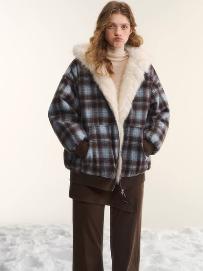 Reversible Plaid Teddy Fur Jacket