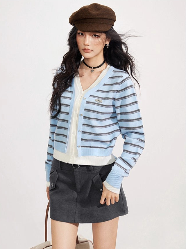 Striped Layered-Effect V-Neck Knit Cardigan