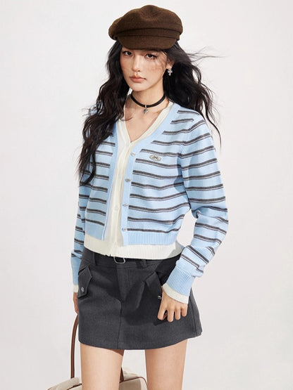 Striped Layered-Effect V-Neck Knit Cardigan