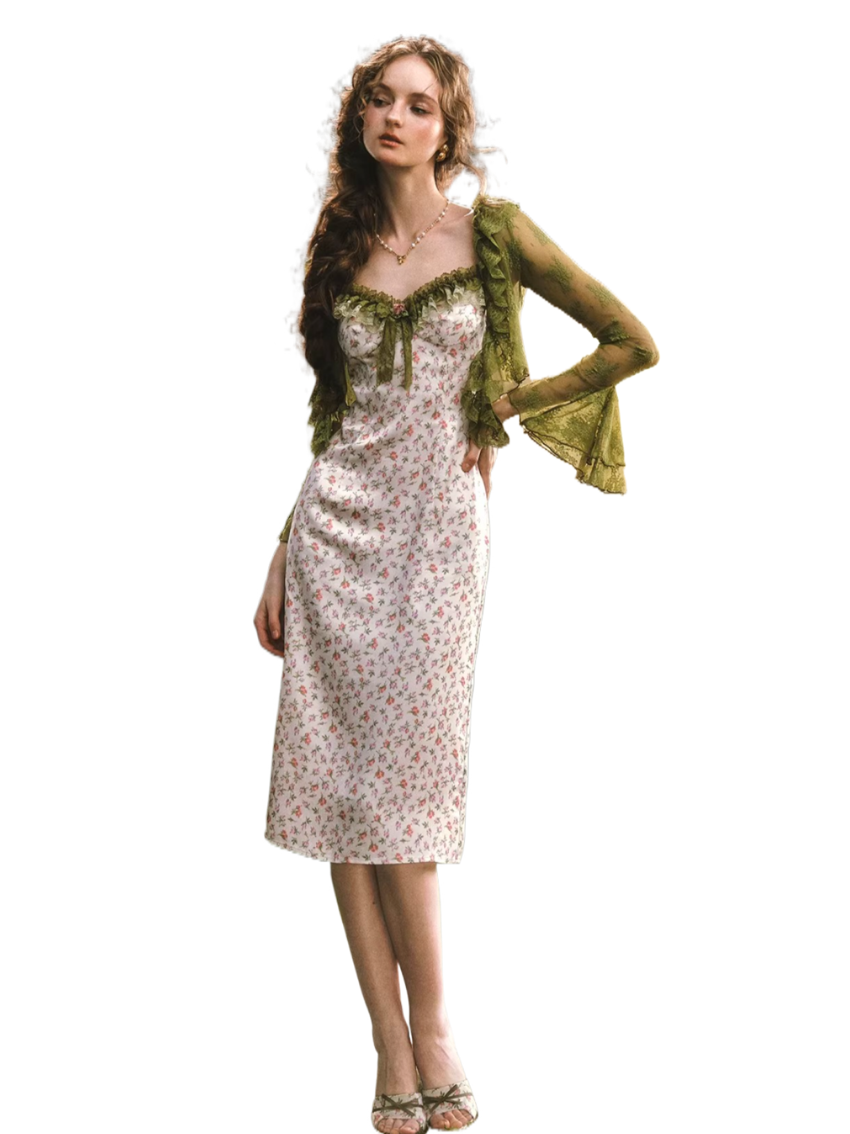 Enchanted Garden Satin Floral Dress &amp; Lace Cardigan Set