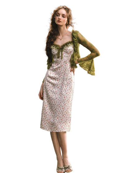Enchanted Garden Satin Floral Dress &amp; Lace Cardigan Set