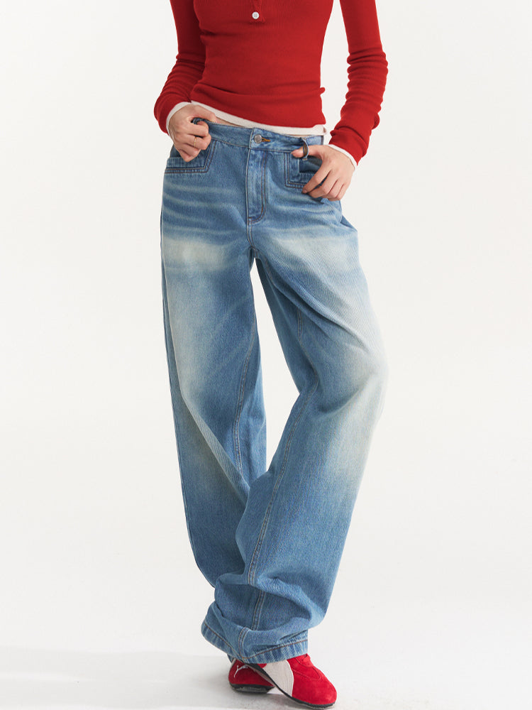 Water-Washed Low-Waist Loose Straight-Leg Pants