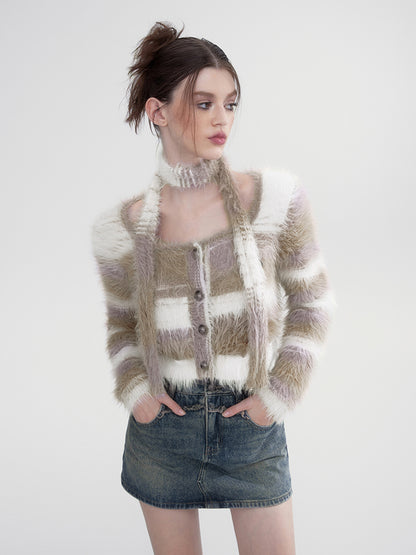 Camel Striped Knitted Cardigan - CHINASQUAD