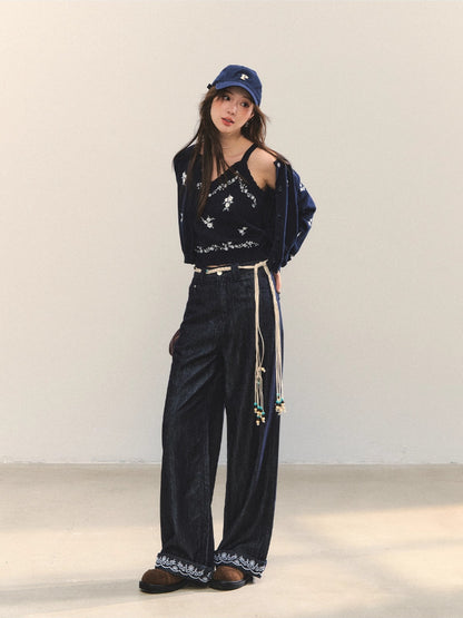 Navy Blue Floral Embroidery Knitted Cardigan