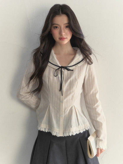 Nautical Texture Beige Fitted Blouse