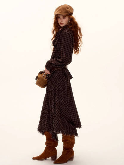 Frayed Hem Plaid Studded Belt Asymmetric A-Line Midi Skirt